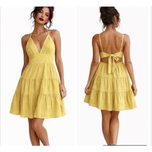 NWT Organic Cotton Linen Boho Tiered Summer Halter Sundress Mustard Yellow S-L